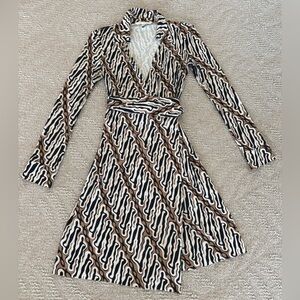 Diane Von Furstenberg Black and Brown Geometric Wrap Dress